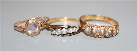 A diamond five-stone ring, 18ct setting and two other rings, 18ct and yellow metal.